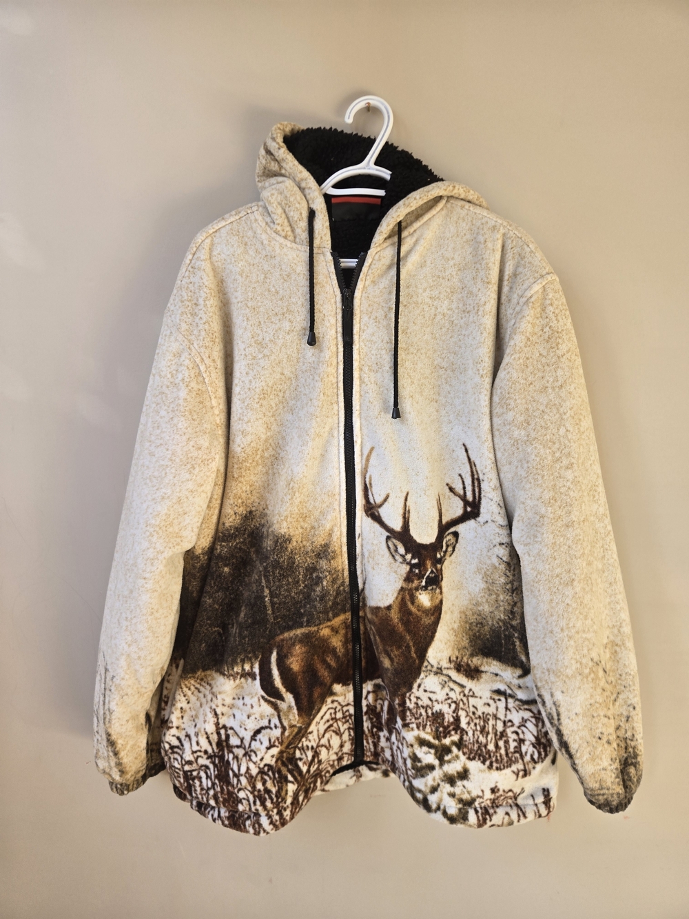 Misty Mountain Deer Buck Sherpa Lined Full Zip Hoodie Jacket Men's Large